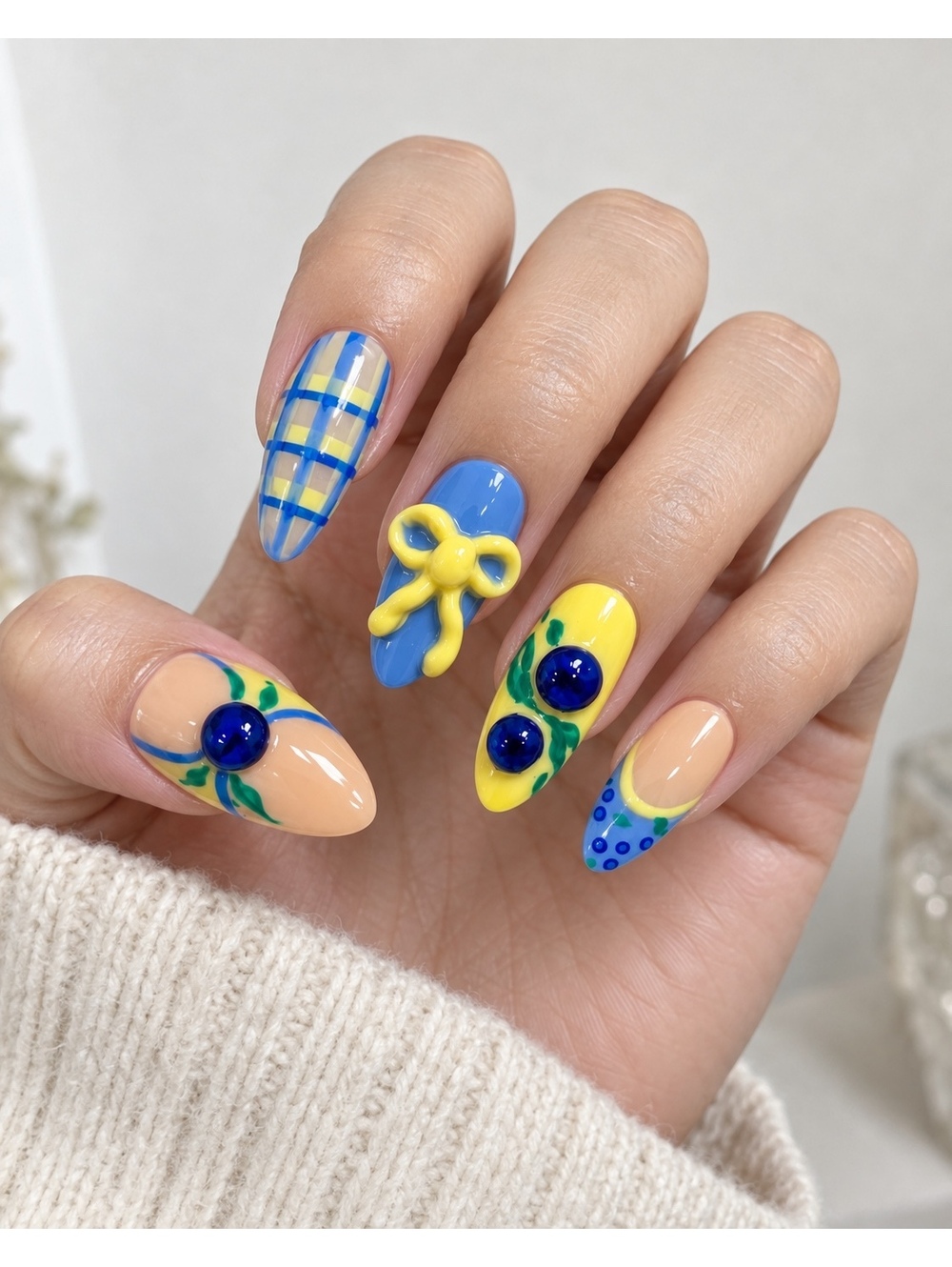 Handmade Blueberry-Themed Press On Nail Set with 3D Accents, Medium Size, Blue &